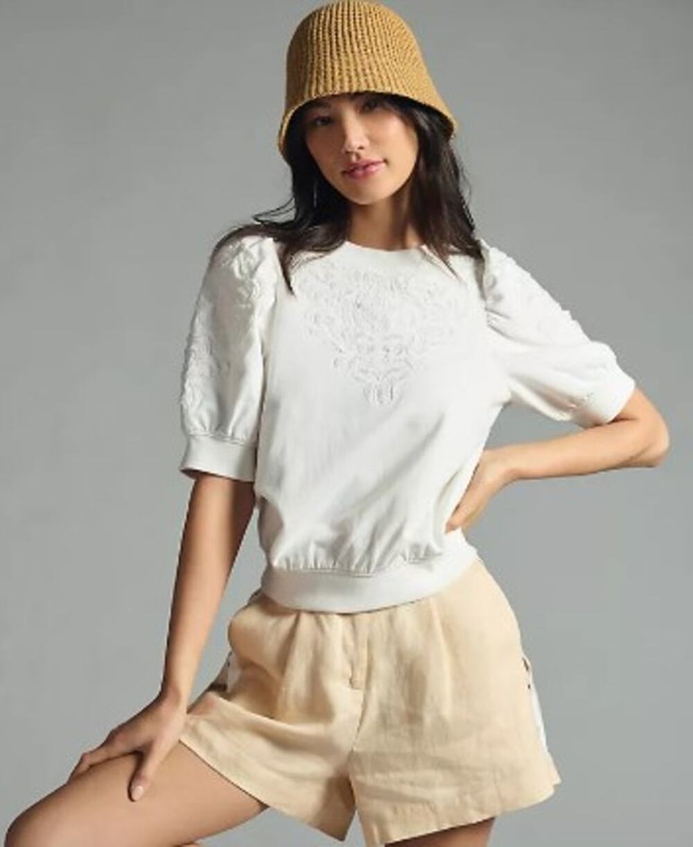 By Anthropologie Embroidered Puff-Sleeve Sweatshirt White Boho Med